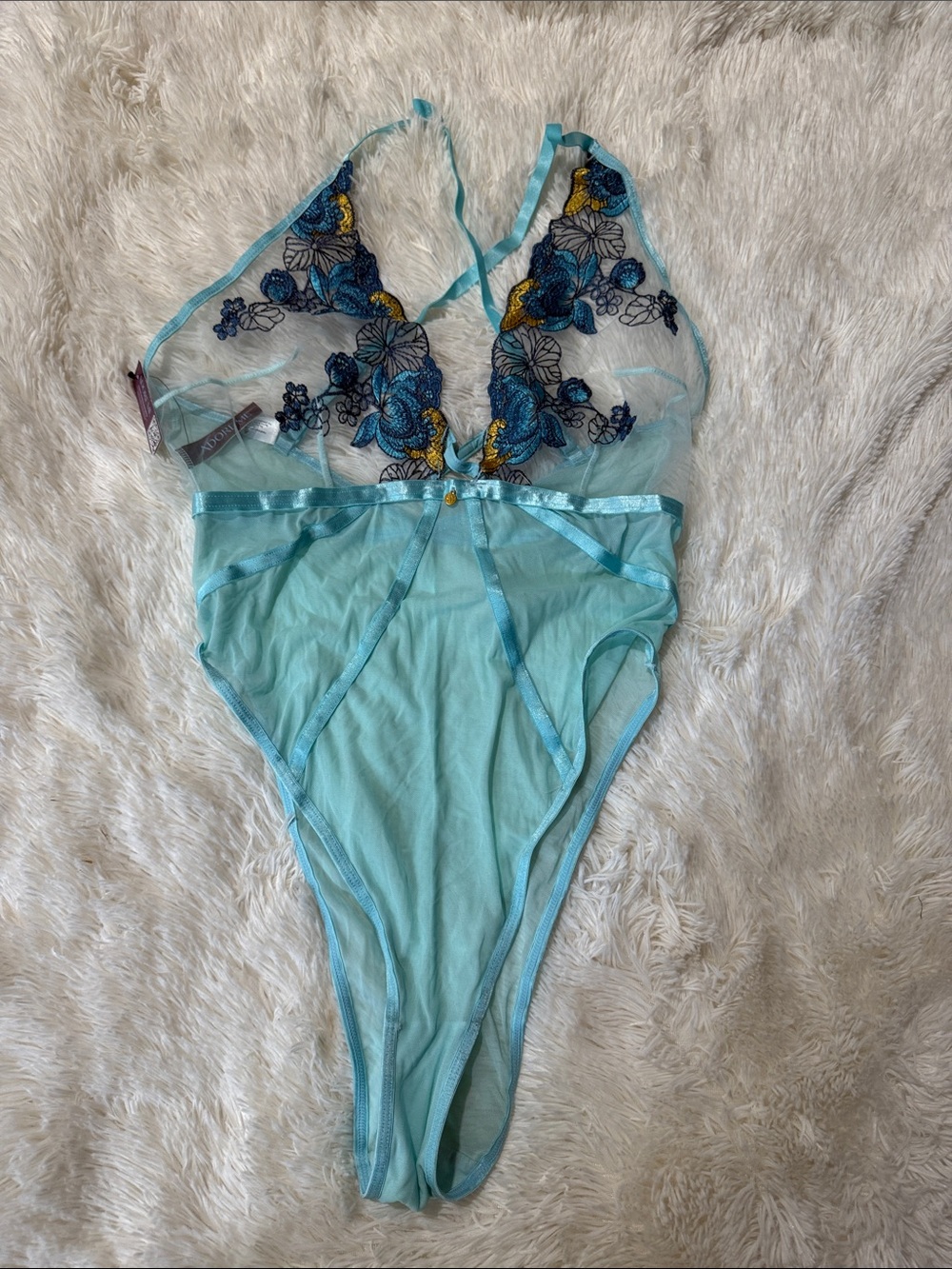 Adore Me Light Blue Sheer Floral Embroidered Lace Teddy